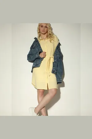 VERO MODA Women Light Yellow Linen Shirt Dress, Short Sleeves, Shirt Collar