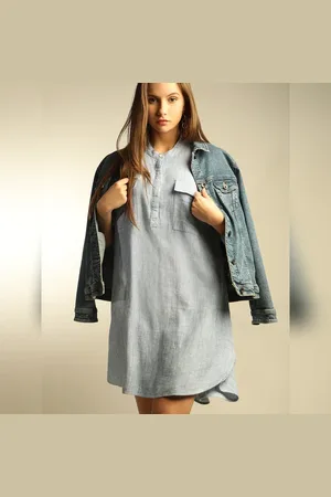 VERO MODA Women Light Blue Striped Tunic Dress, Short Sleeves, Mandarin Collar