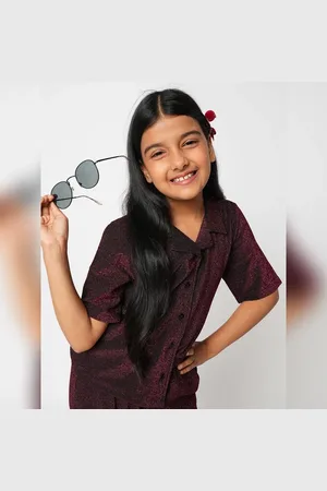 VERO MODA Girls Maroon Shimmer Co-ord Set Shirt, Short Sleeves