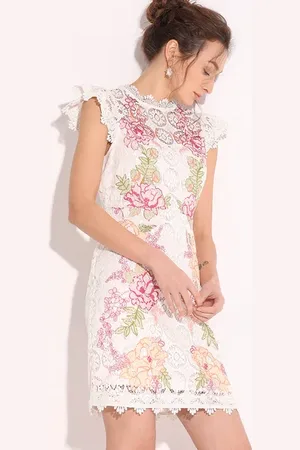 VERO MODA Women White Floral Lace Dress, Short Sleeves, Round Neck