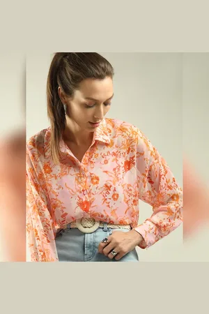 VERO MODA Women Orange Floral Shirt, Long Sleeves, Shirt Collar