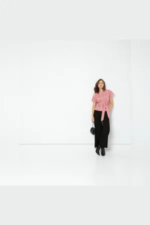 VERO MODA Women Pink Striped Linen Top, Short Sleeves, Round Neck