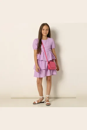 VERO MODA Girls Purple Layered Fit & Flare Dress, Short Sleeves, Round Neck