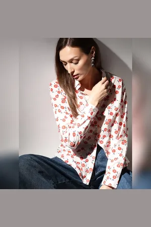 VERO MODA Women Pale Peach Floral Shirt, Long Sleeves, Shirt Collar