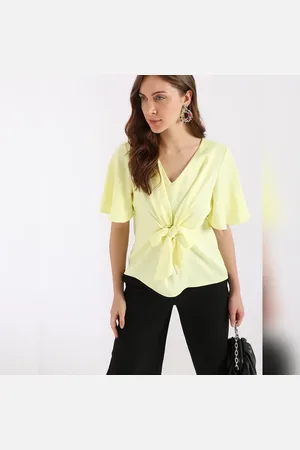 VERO MODA Women Yellow Textured Front Tie Top, Short Sleeves, V-Neck