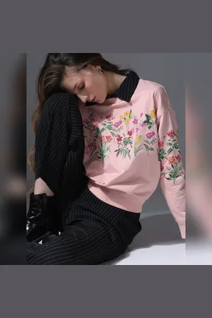 VERO MODA Women Peach Floral Print Sweatshirt, Long Sleeves, Round Neck