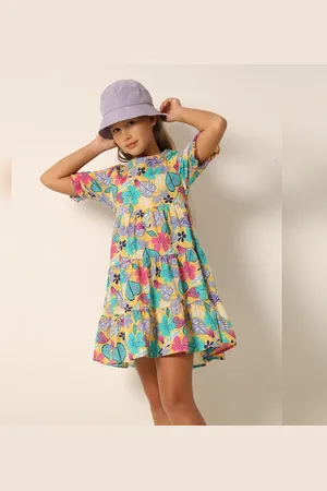 VERO MODA Girls Yellow Printed Fit & Flare Dress, Short Sleeves