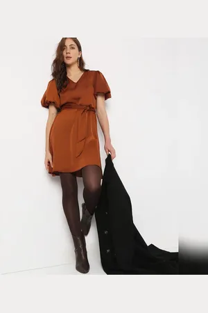 VERO MODA Women Brown Puff Sleeves Dress, Short Sleeves, V-Neck