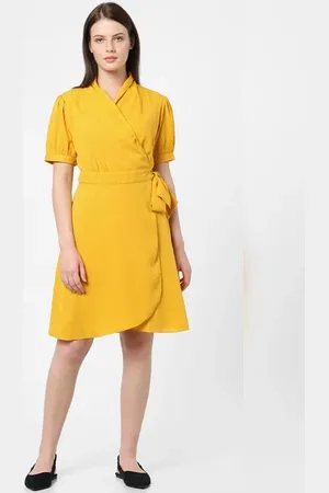 VERO MODA Women Yellow V-Neck Wrap Dress, Short Sleeves, V-Neck