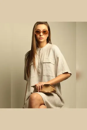 VERO MODA Women Light Brown Striped Tunic Dress, Short Sleeves, Mandarin Collar