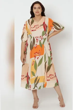 VERO MODA Women Curve Beige Printed Midi Dress, Short Sleeves, V-Neck