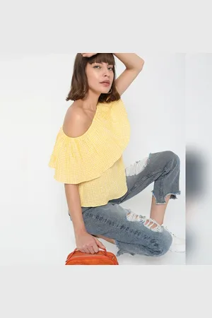 VERO MODA Women Yellow Check Off-Shoulder Top, Short Sleeves, Off Shoulder