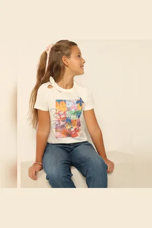 VERO MODA Girls Off-White Graphic Print T-shirt, Short Sleeves, Round Neck