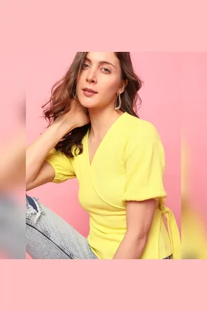 VERO MODA Women Yellow Textured Wrap Top, Short Sleeves, V-Neck