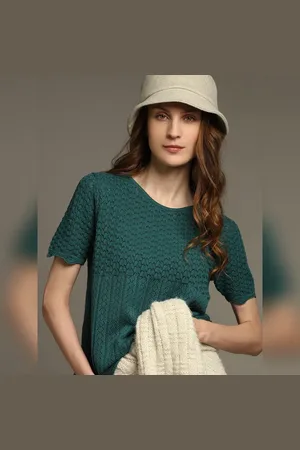 VERO MODA Women Green Textured Knit Top, Short Sleeves, Round Neck