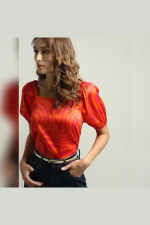 VERO MODA Women Orange Printed Top, Short Sleeves, Square Neck