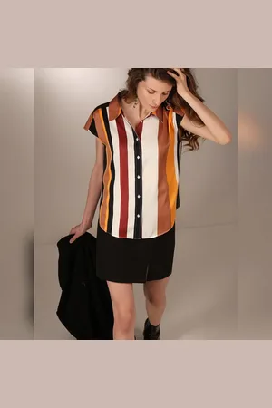 VERO MODA Women White Striped Shirt, Short Sleeves, Shirt Collar