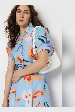 VERO MODA Women Blue Abstract Print Co-ord Shirt, Short Sleeves, Shirt Collar