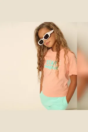 VERO MODA Girls Girls Coral Typographic Print T-Shirt, Short Sleeves, Round Neck