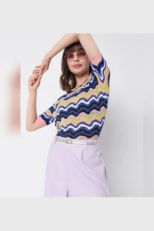 VERO MODA Women Blue Knit Top, Short Sleeves, Round Neck