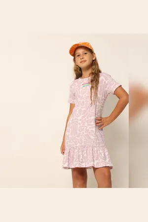 VERO MODA Girls Purple Printed Shift Dress, Short Sleeves, Round Neck