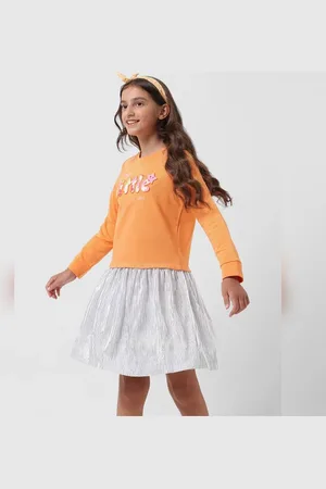 VERO MODA Girls GIRL Orange Printed Sweatshirt Dress, Long Sleeves