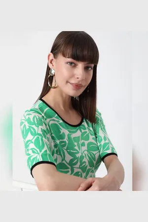 VERO MODA Women Green Printed Top, Short Sleeves, Round Neck