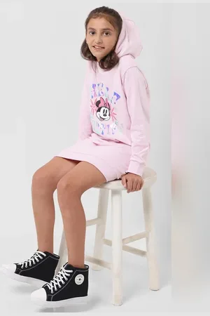VERO MODA Girls GIRL X DISNEY Pink Hooded Sweatshirt Dress, Long Sleeves