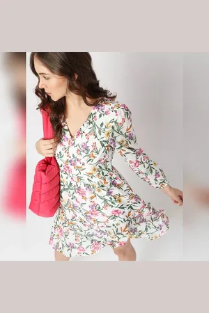 VERO MODA Women White Floral Tiered Dress, Long Sleeves, V-Neck