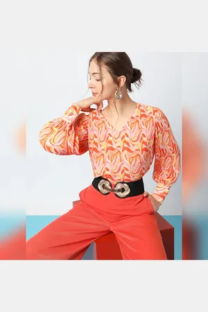 VERO MODA Women Orange Printed Pleated Top, Long Sleeves, V-Neck