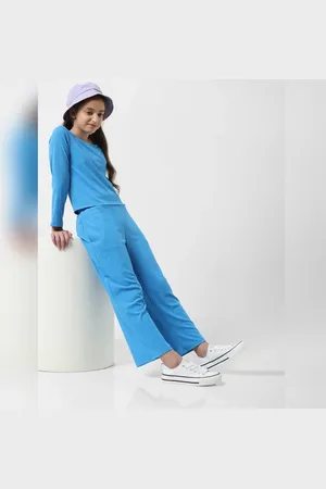 VERO MODA Girls GIRL Blue Mid Rise Ribbed Pants