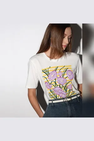VERO MODA Women White Floral Print T-shirt, Short Sleeves, Round Neck