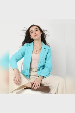 VERO MODA Women Light Blue Co-ord Set Blazer, Long Sleeves, Notched Lapel