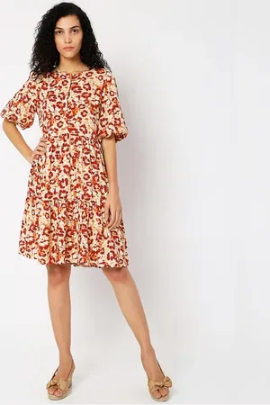 VERO MODA Women Orange Floral Print Shift Dress, Short Sleeves, Round Neck