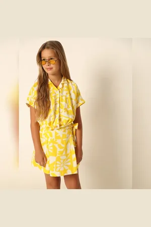 VERO MODA Girls Yellow Printed Co-ord Set Shirt, Short Sleeves