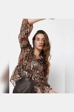 VERO MODA Women Brown Floral Shimmer Top, Long Sleeves, Round Neck