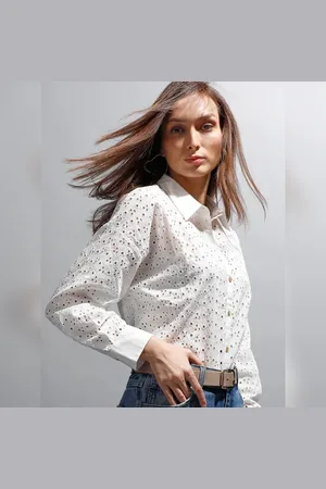 VERO MODA Women White Schiffli Cotton Shirt, Long Sleeves, Shirt Collar
