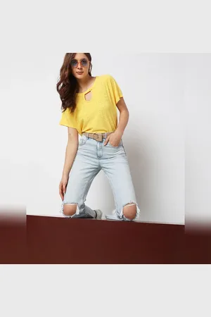 VERO MODA Women Yellow Schiffli Detail Top, Short Sleeves, Round Neck