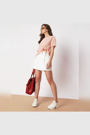 VERO MODA Women Peach Textured Top, Short Sleeves, Round Neck