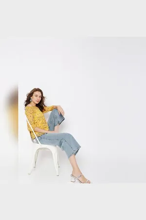 VERO MODA Women Yellow Floral Off-Shoulder Top, 2/4th Sleeves, Off Shoulder
