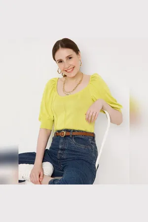 VERO MODA Women Yellow Puff Sleeves Knit Top, 2/4th Sleeves, Round Neck