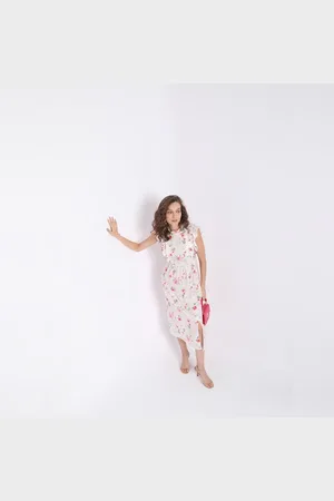 VERO MODA Women White Floral Print Midi Dress, Short Sleeves, Round Neck