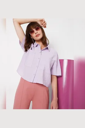 VERO MODA Women Purple Textured Boxy Shirt, Short Sleeves, Shirt Collar