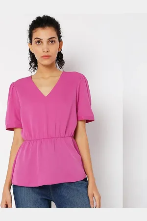 VERO MODA Women Purple Flared Top, Short Sleeves, V-Neck