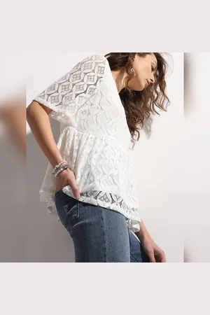 VERO MODA Women White Lace Ruffle Top, Short Sleeves, Round Neck