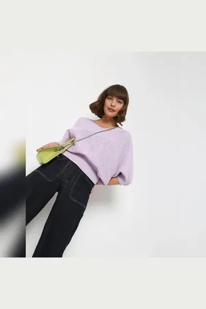 VERO MODA Women Lilac Dolman Sleeve Knit Top, 2/4th Sleeves, V-Neck