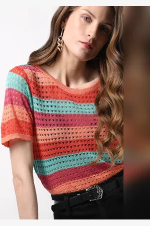 VERO MODA Women Blue Colourblocked Knit Top, Short Sleeves, Round Neck