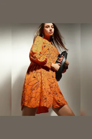 VERO MODA Women Orange Floral Shift Dress, Long Sleeves, Mandarin Collar