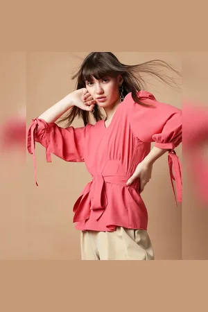 VERO MODA Women Coral Puff Sleeves Top, 3/4th Sleeves, V-Neck