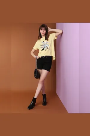 VERO MODA Women Yellow Floral T-shirt, Short Sleeves, Round Neck